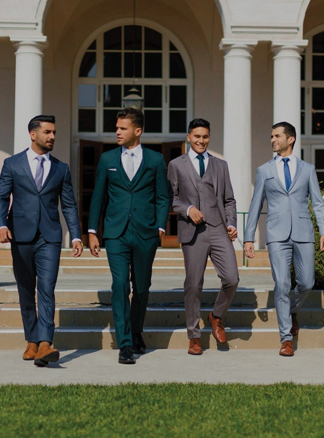 Four men in fitted suits - expert mens suit alterations and professional tailoring services