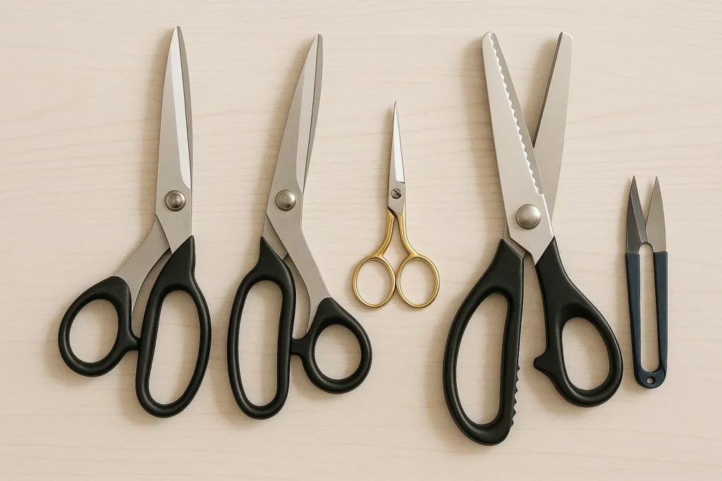 Lineup of sewing scissors: fabric shears, small embroidery scissors, pinking shears, and thread snips.
