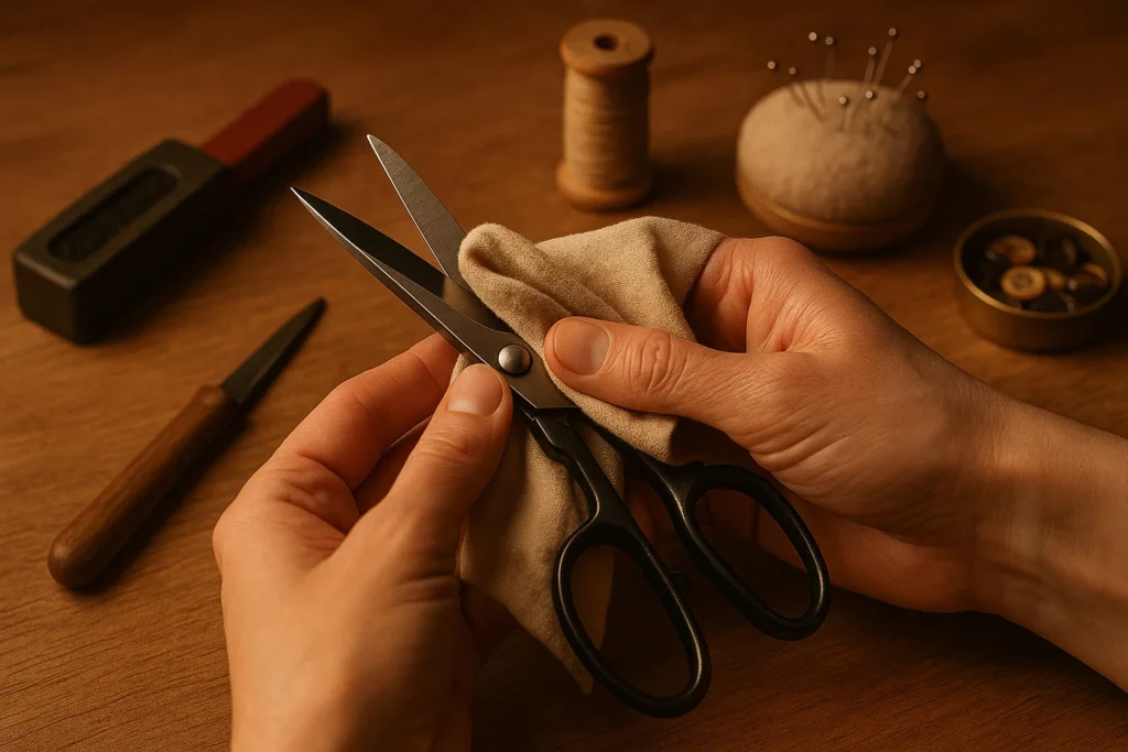 Hands wiping fabric shears with a soft cloth to remove lint; sharpening tools and pins nearby.