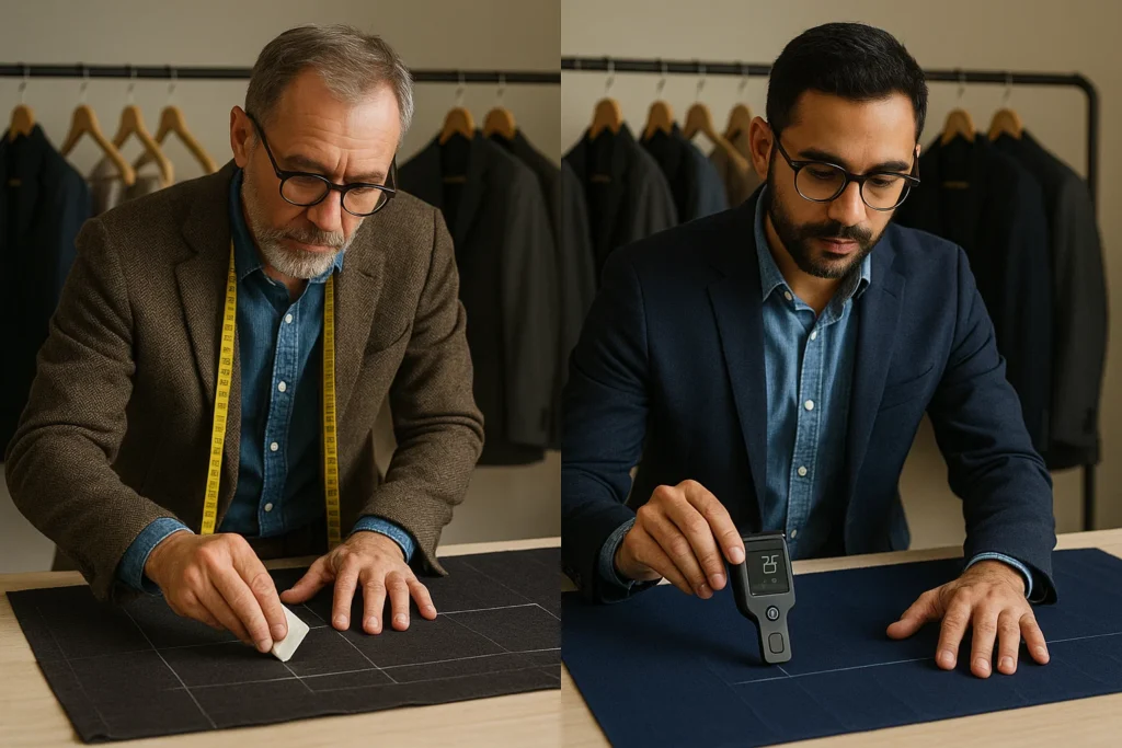 Two tailors marking chalk lines and checking cloth with a handheld measuring device on dark fabric.