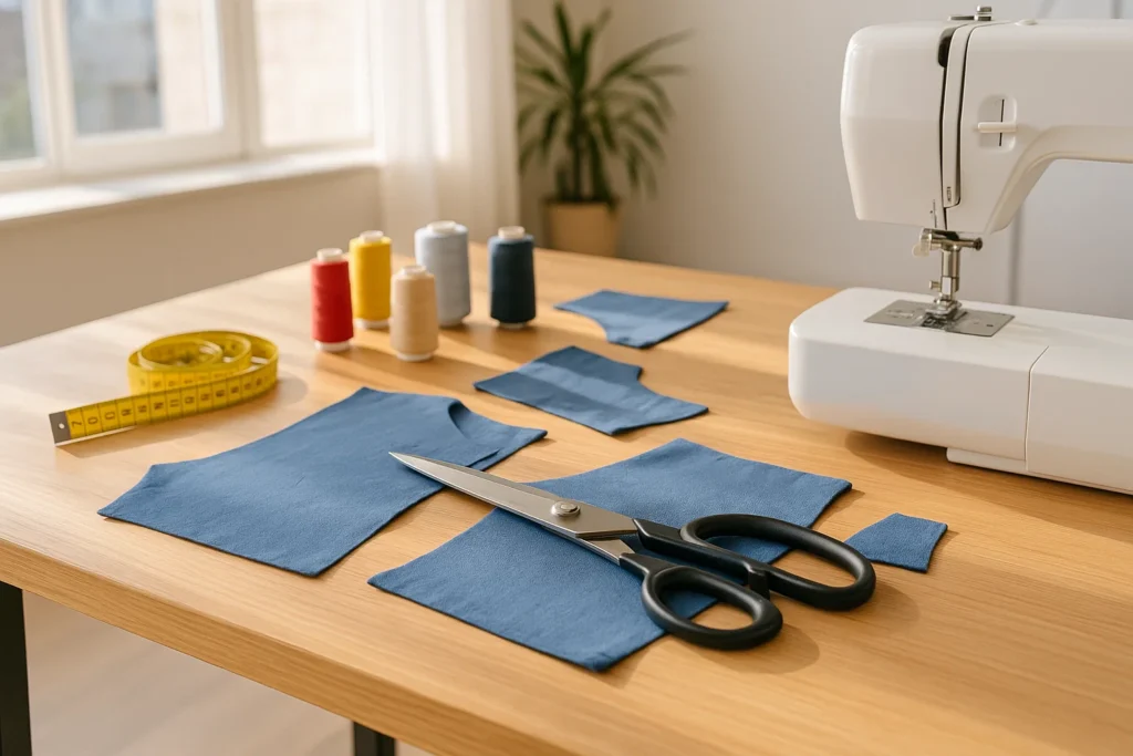 Dressmaking shears on blue fabric pieces beside tape measure, thread spools, and a home sewing machine.