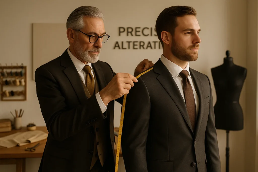 Tailor measuring shoulder seam with tape on client in suit inside an alterations studio.
