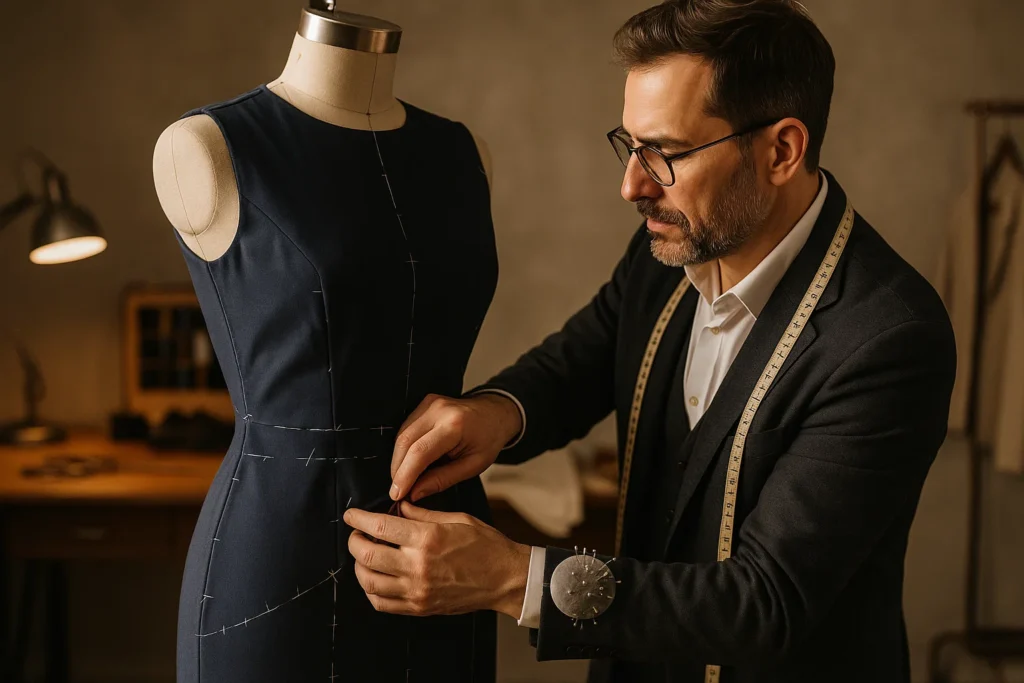 Tailor adjusting a navy dress on a mannequin — expert custom dress sewing pattern and fitting process 2025