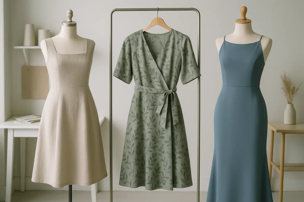 Three elegant dresses on mannequins and hanger — showcasing modern dress sewing patterns and DIY fashion ideas for 2025