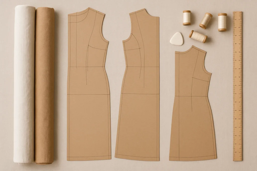 Flat lay of simple dress sewing pattern templates, ruler, and fabric rolls — modern DIY dress design ideas for beginners 2025