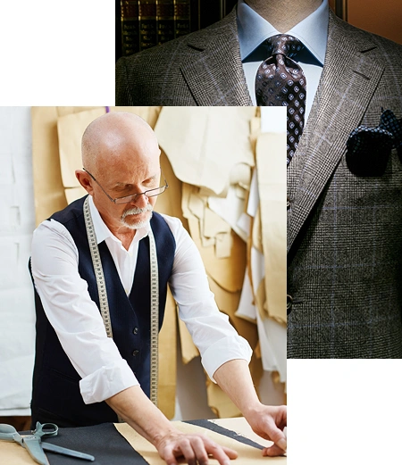 Men's suit alterations - professional tailor measuring fabric for custom fit tailoring